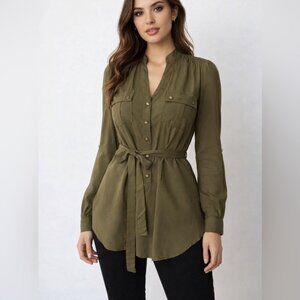 Anthropologie Odille Olive Green Button Front Blouse